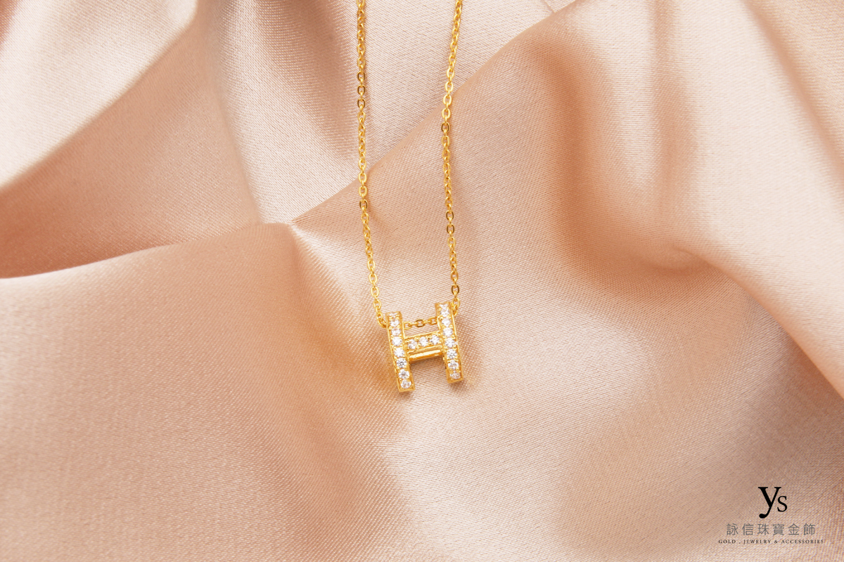 女生黃金項鏈-H鑲鑽黃金項鍊
